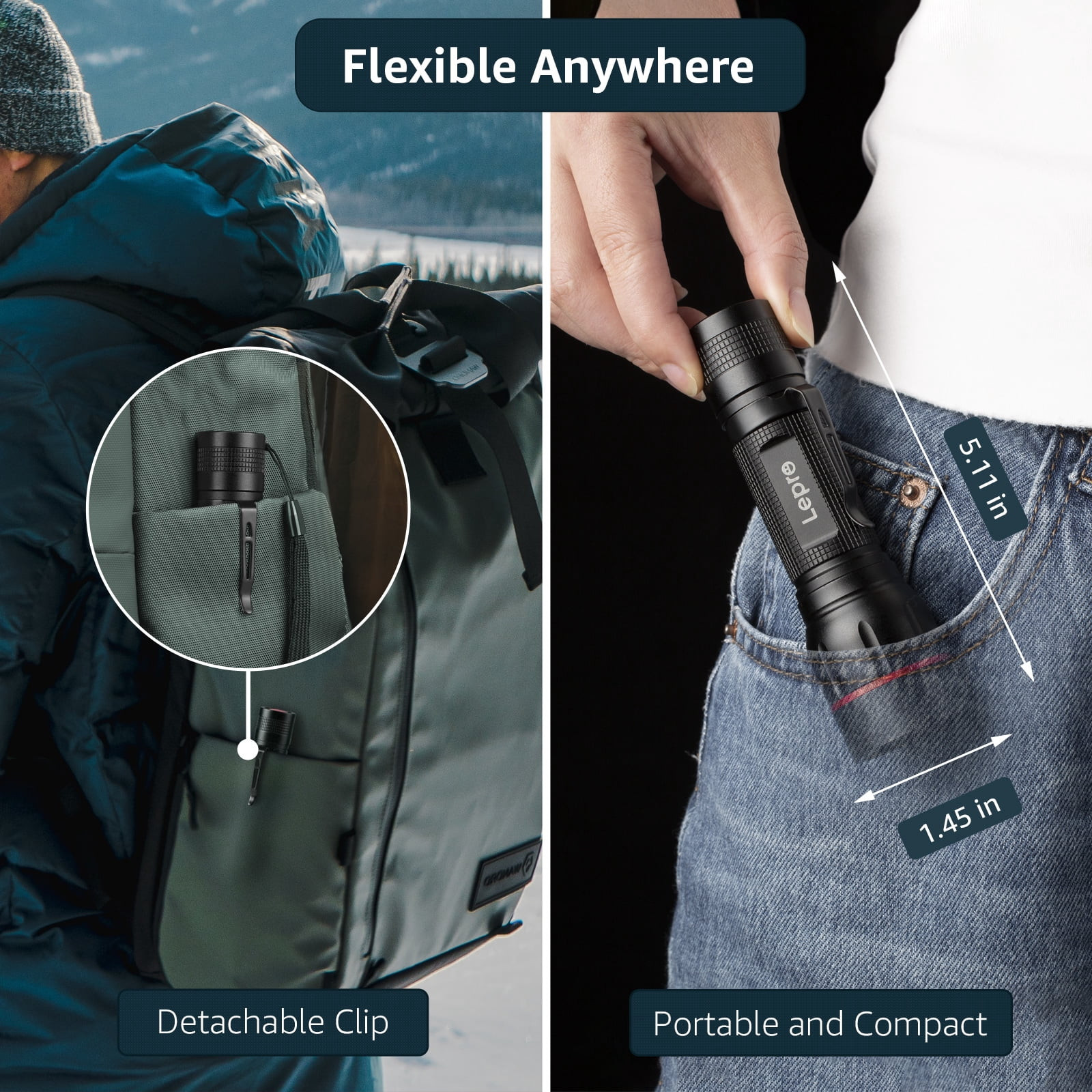 LED Flashlights with Clip , LE2050 High Lumen, 5 Lighting Modes, Zoomable Waterp