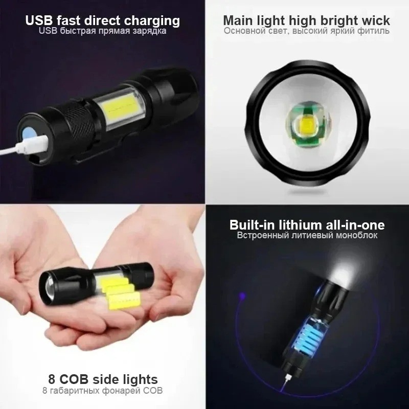 USB Rechargeable Mini Flashlight COB XPE Zoom Camping Emergency Torch