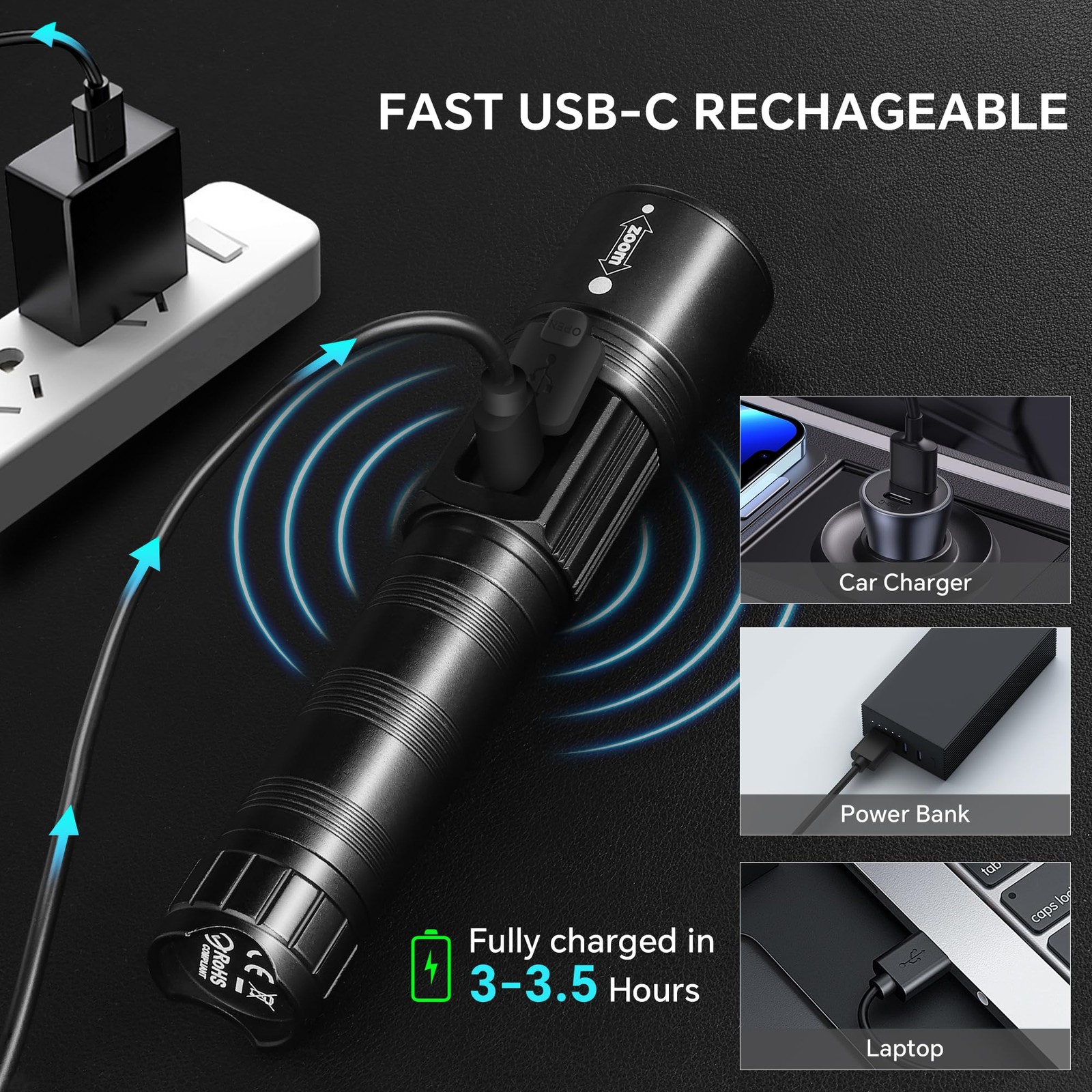 3~Pack Rechargeable LED Flashlights, 10000 Lumens, 5 Modes, LCD Display