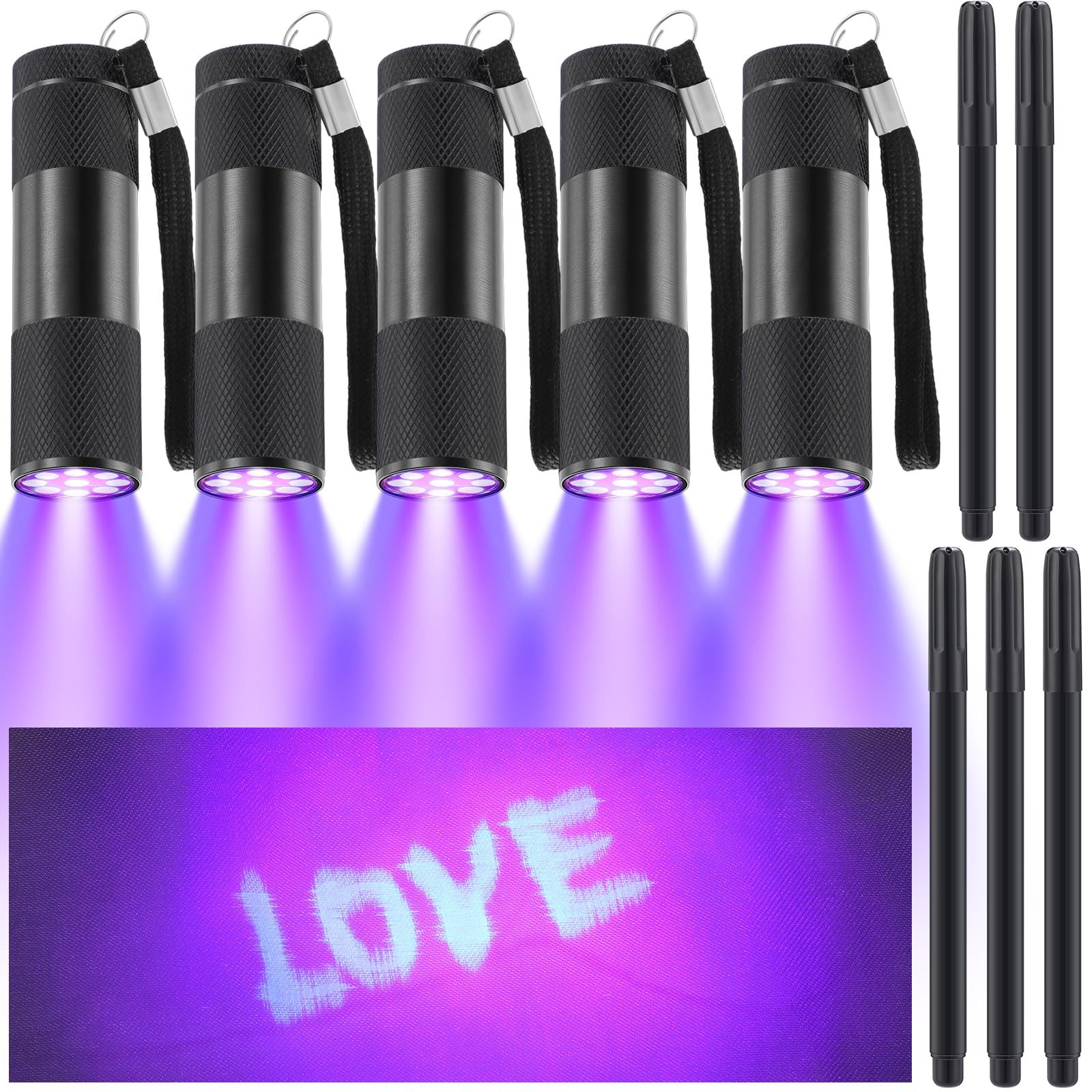 10 Pcs Blacklight Pen Set 5 Invisible Ink Pen 5 Blacklight Flashlights, UV Pe…