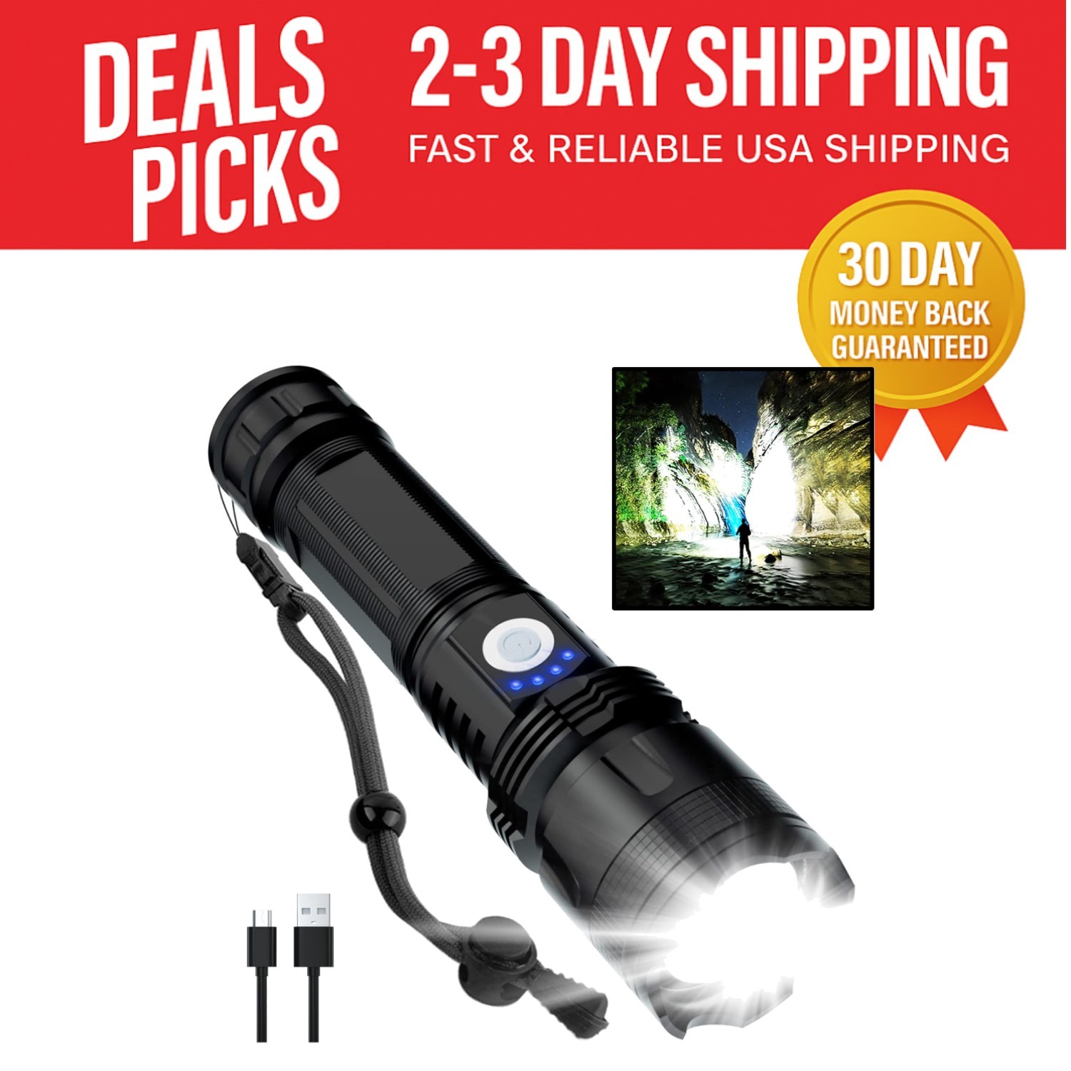 90000 Lumen Rechargeable Waterproof Flashlight – 5 Modes LED for Adventures
