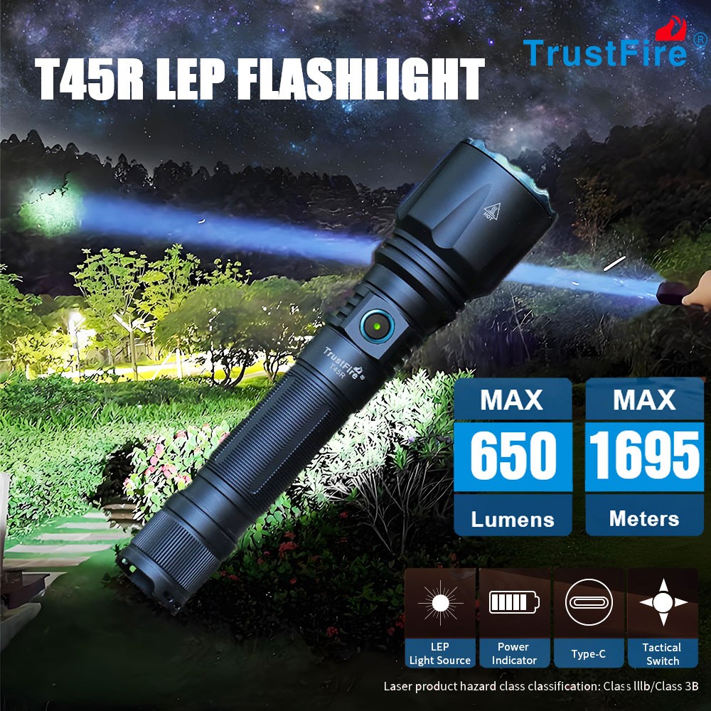 Trustfire T45R 1695Meter Throw Tactical LEP Flashlight 650LM Hunting + Rat tail