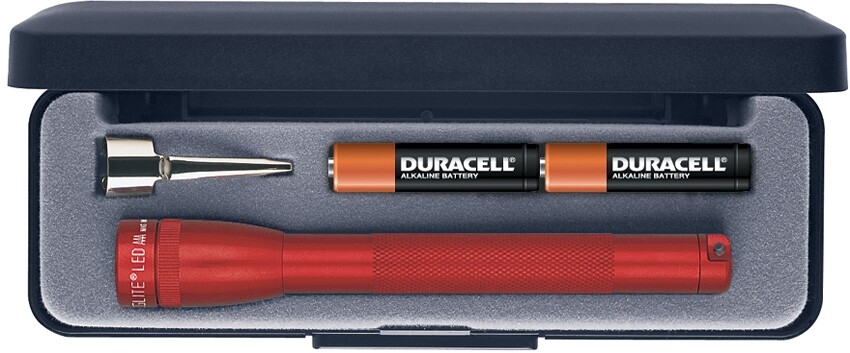 Mag-Lite Red Mini Mag Flashlight LED Pocket Clip Batteries Durable Ultra Bright