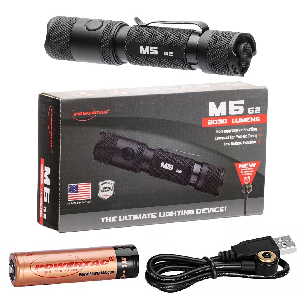 Powertac M5 Gen3 2030 Lumen Rechargeable LED EDC Flashlight, Cerakote FDE Finish