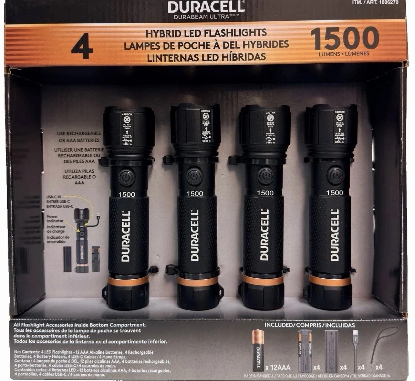 Duracell Durabeam Ultra Hybrid LED Flashlights, 1500 Lumens, Rechargeable 4-Pack