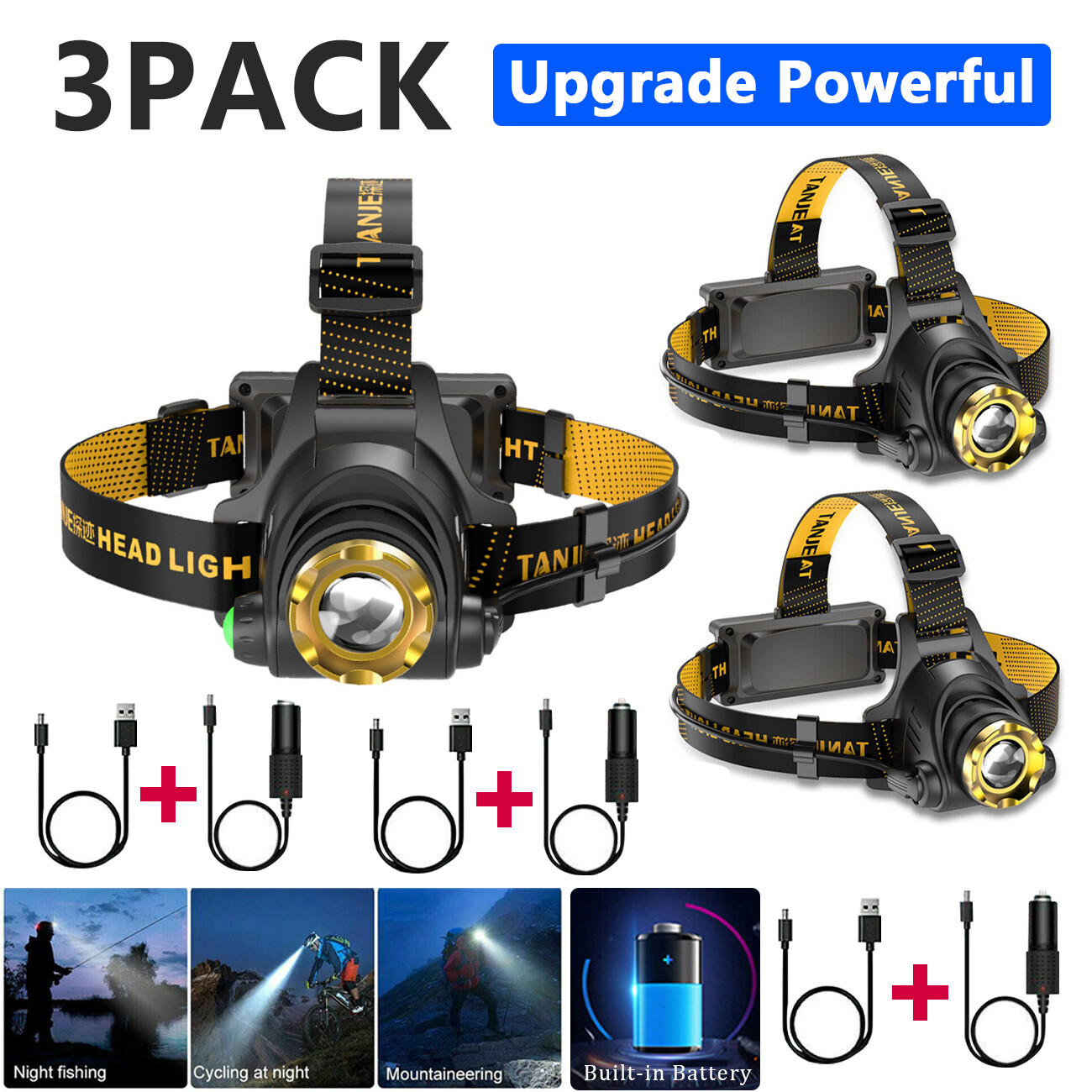 3-Pack 1,200,000 LM LED Headlights – High-Power Work & Outdoor Flashlight Lamps