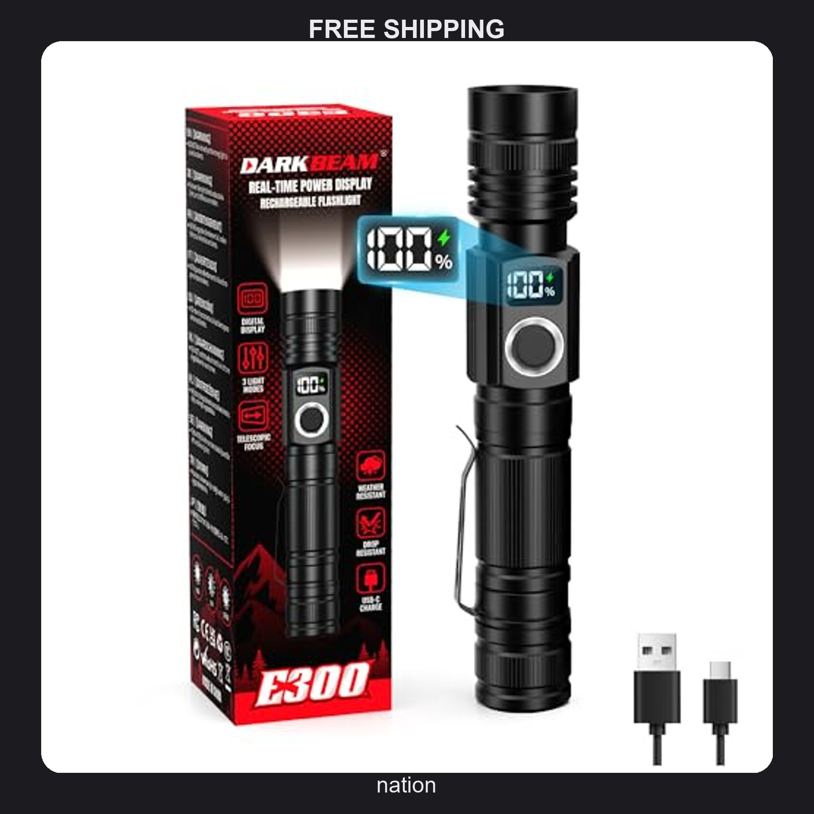 Rechargeable LED Flashlight with Digital Display and Focusable Beam
