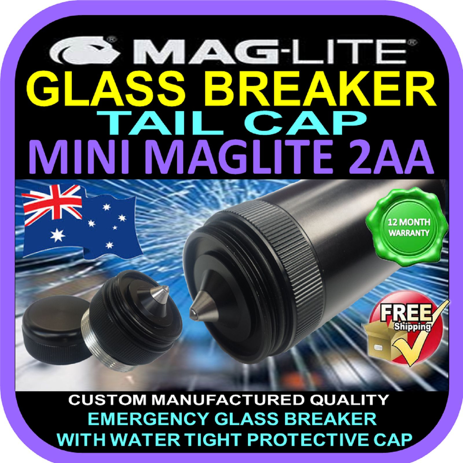 MAGLITE UPGRADE MINI 2AA FLASHLIGHT TORCH TAIL CAP GLASS BREAKER BLACK AU