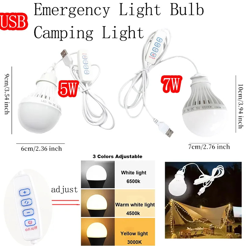 DC5V Led Camping Light 5W/7W Usb Emergency Bulb 3-Color Dimmable Hanging Tent Li