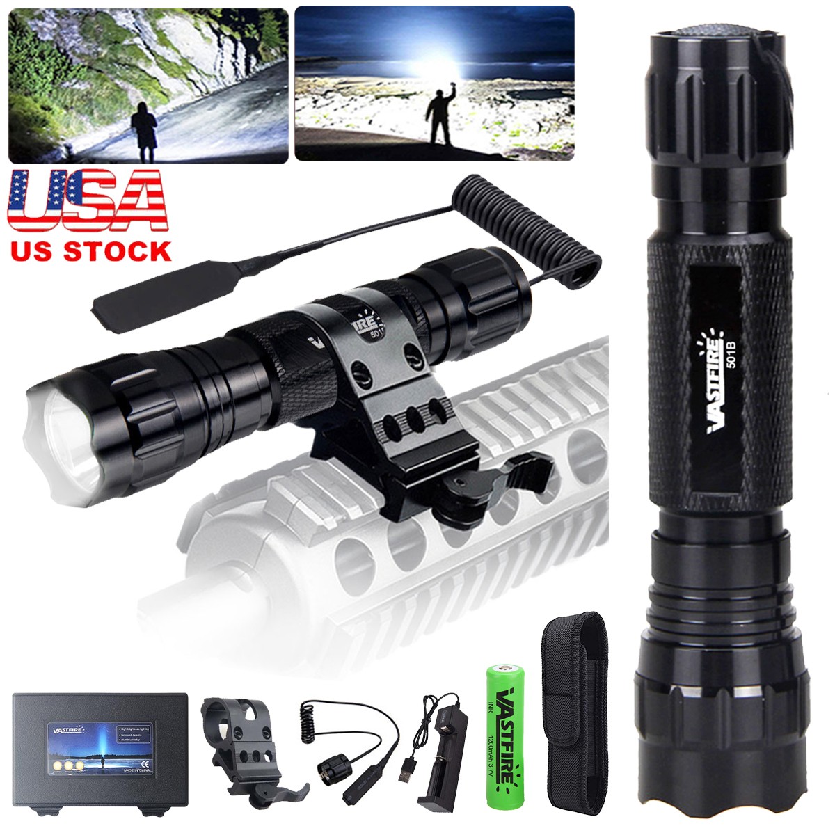 10000LM LED Flashlight Mounted Light w/ QD Release Scope Mount 20mm Rail Torch