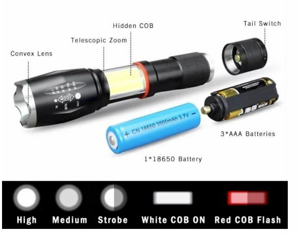 Rechargeable Flashlight Zoomable LED COB Magnetic 5 Light Modes w/Emergency Red