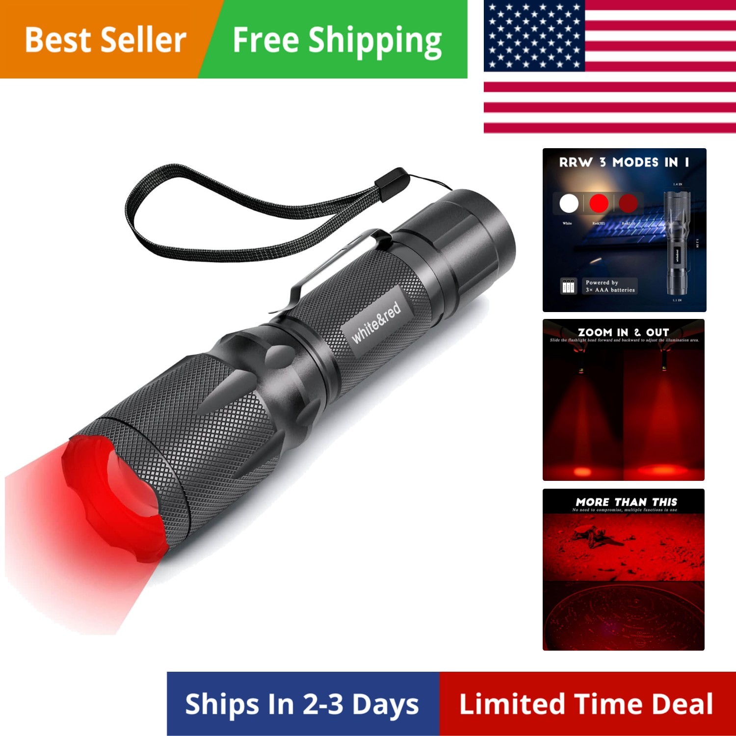 Upgraded Red Flashlight, Bright White &High/Low Power Red Light Options with …