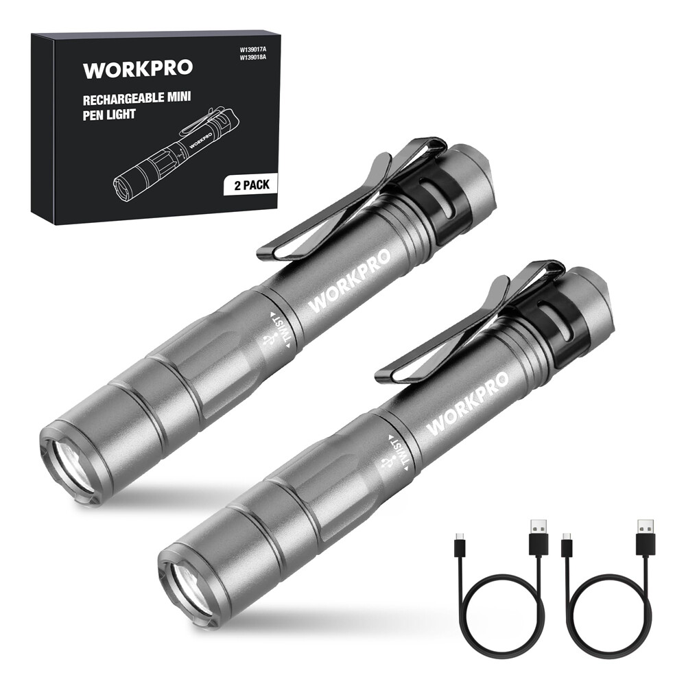 WORKPRO 2Pack Rechargeable Pen Light 4 Lighting Modes Handheld Pocket Flashlight
