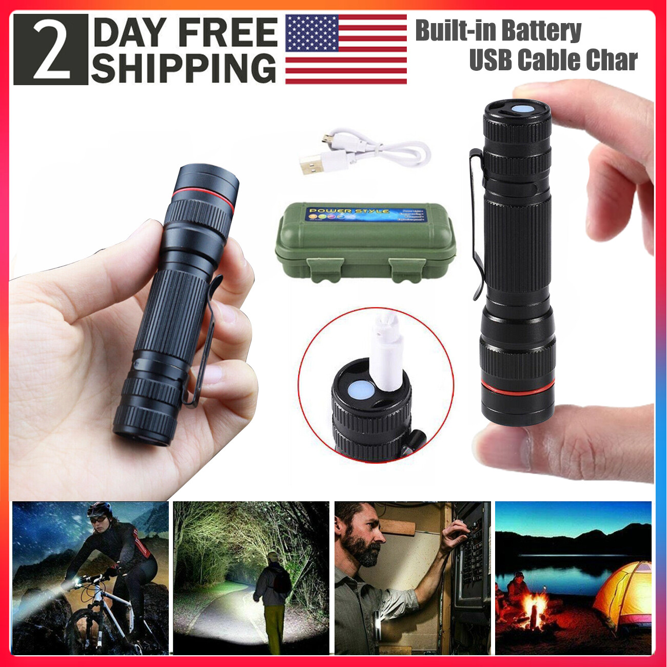 2PCS USB Rechargeable 990000LM Small Mini Tactical Torch 3-Modes Zoom Flashlight