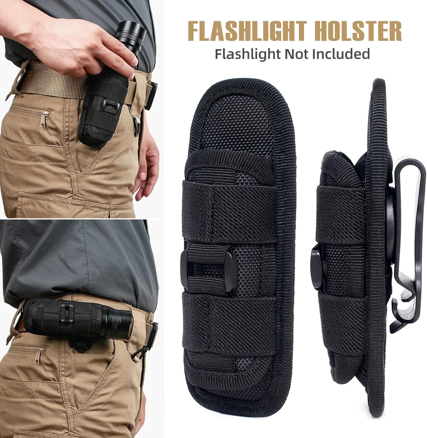 Tactical Flashlight Pouch Holster with Rotatable Belt Clip for Camping Hiking