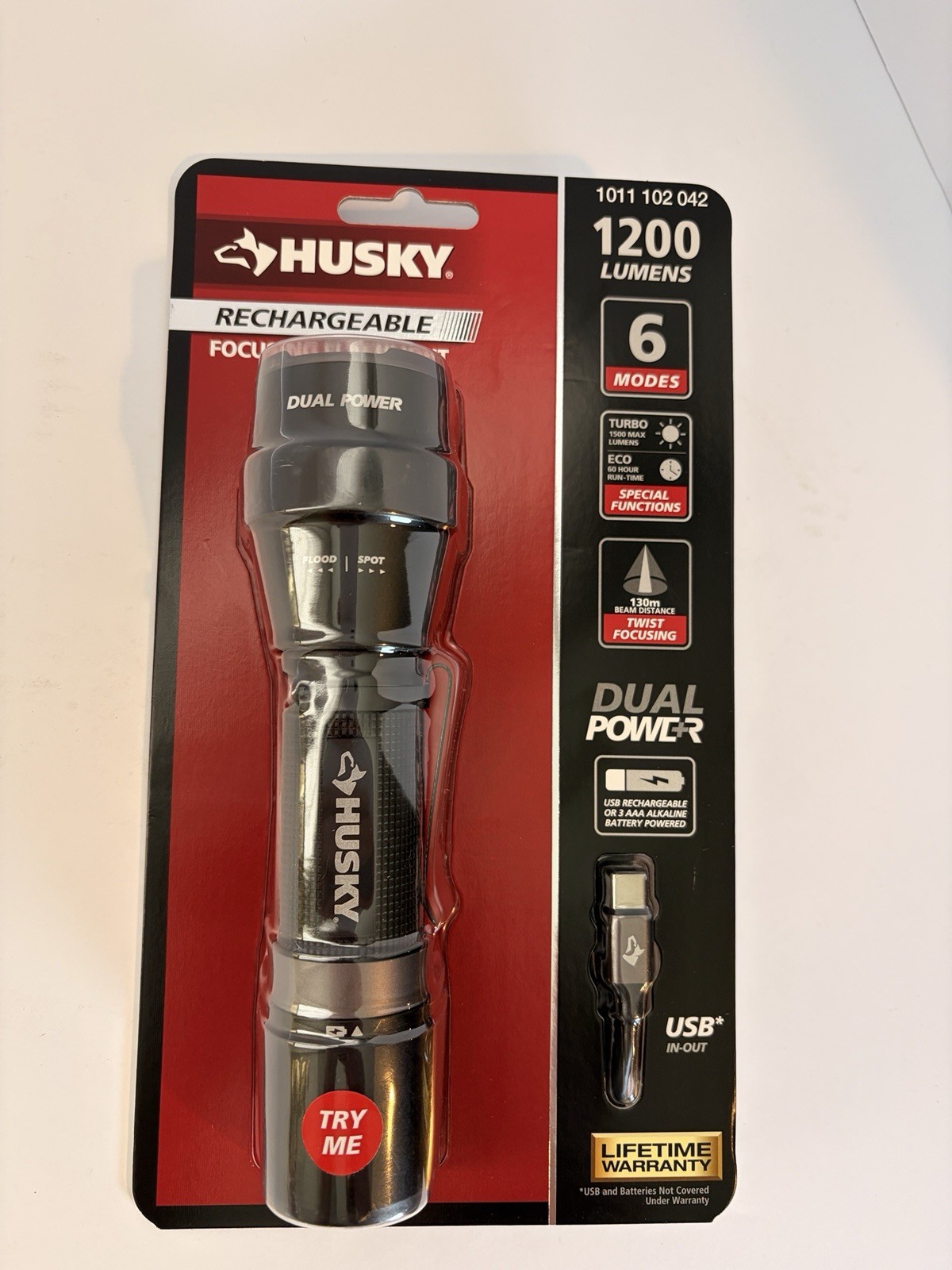 Husky 1200 Lumens Dual Power LED Rechargeable Focusing Flashlight