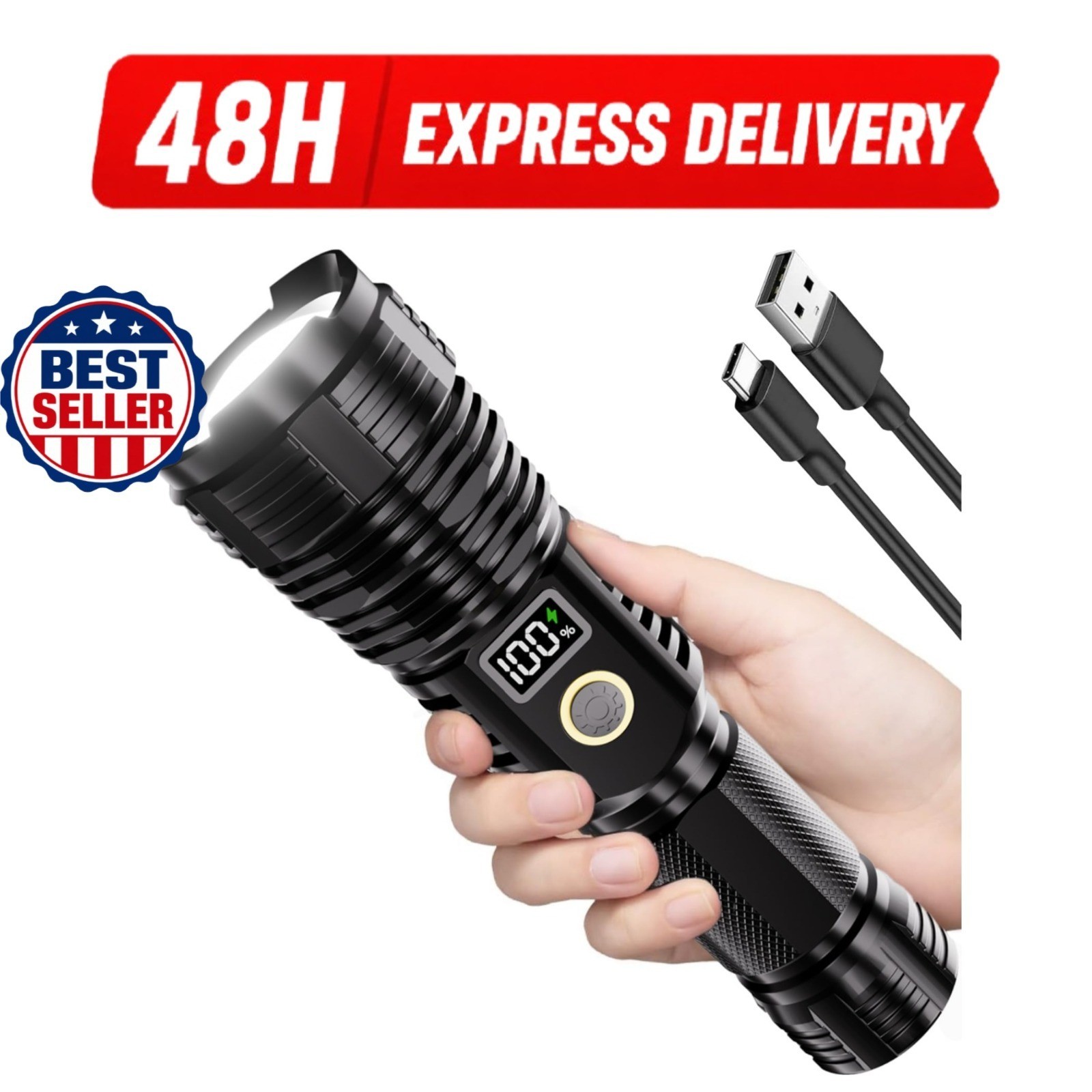 High Lumens Rechargeable Flashlight 100000LM LED Tactical Waterproof