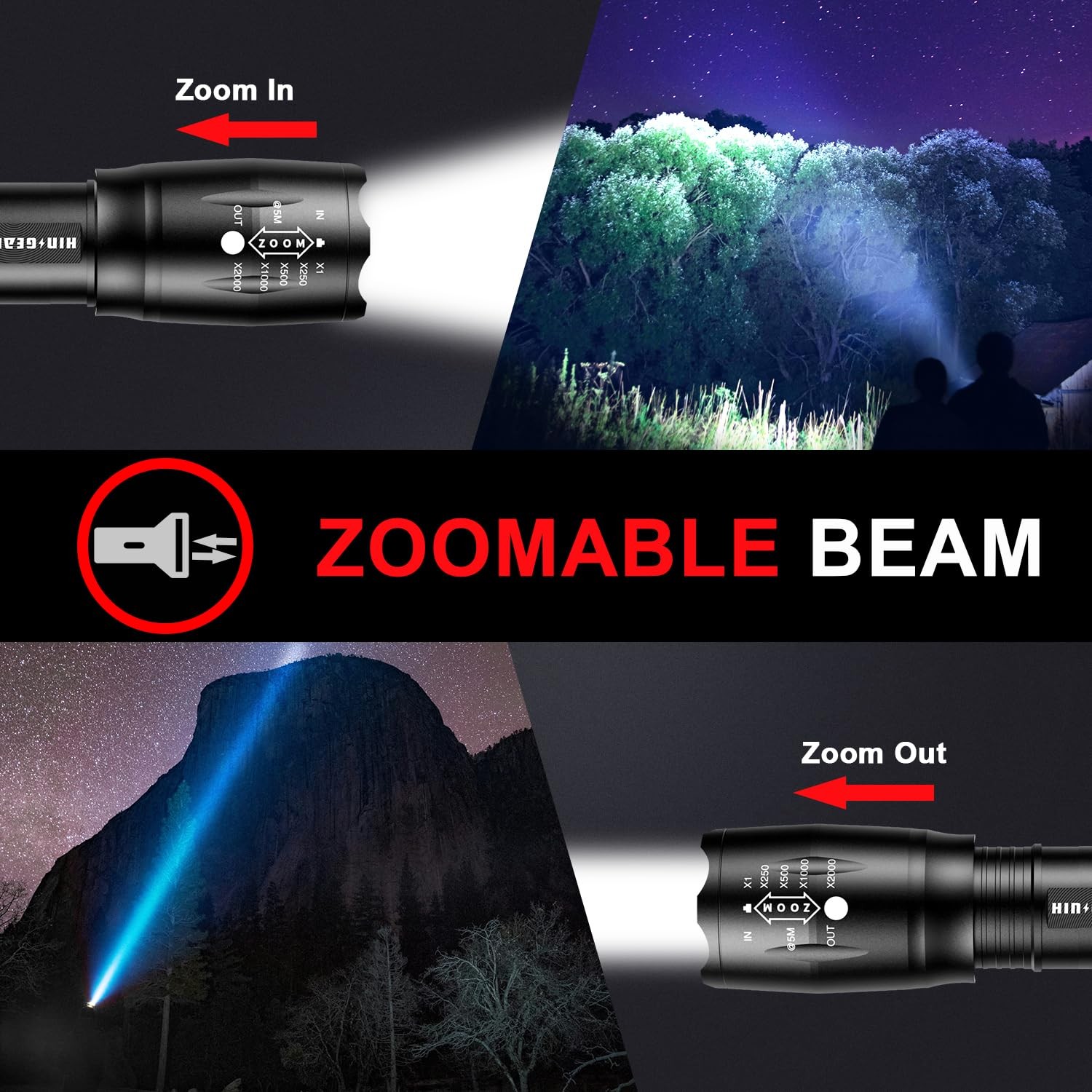 1 Mode Flashlights 4 Pack, Super Bright Zoomable LED Tactical 4 Black