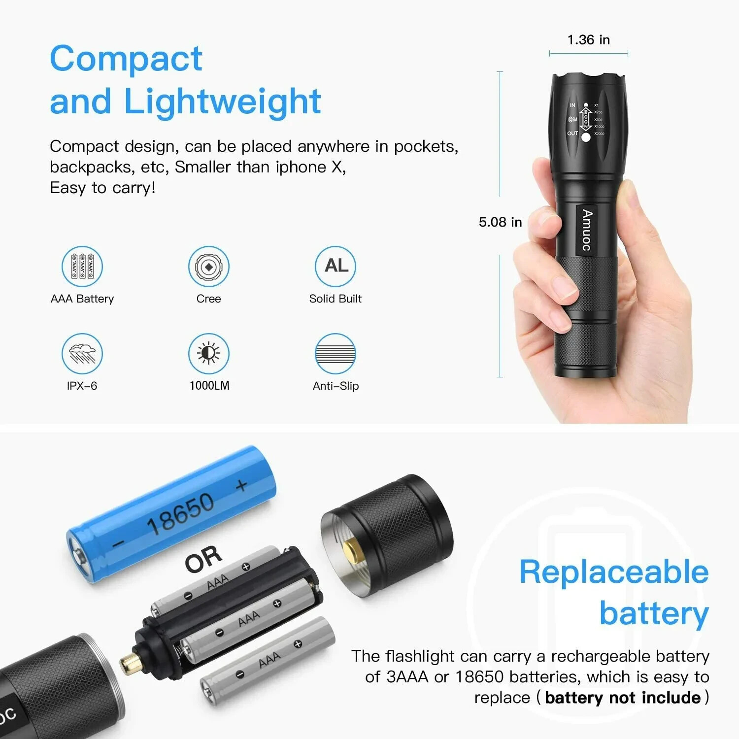 (5 PACK) AMUOC HANDHELD FLASHLIGHTS LED TACTICAL S1000 ZOOMABLE 5 MODES