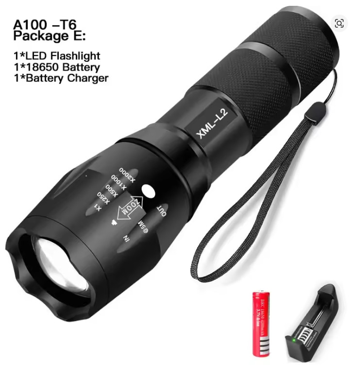 5 Modes Waterproof torch, Rechargeable LED Flashlight XML, UV White Light