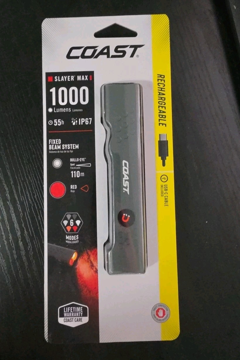 Coast Slayer Max 1000 Lumen Rechargeable LED Flashlight Built-In Battery