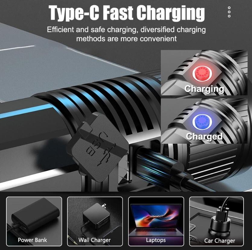 Strong LASER LEP Flashlight Torch Zoom USB Rechargeable 30W 30000LM White Light