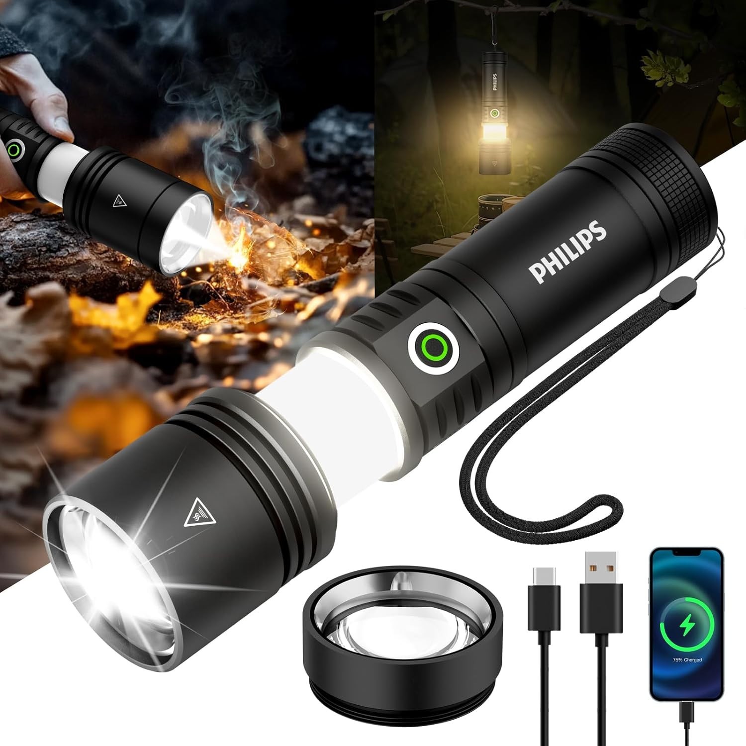 PHILIPS Flashlights High Lumens Rechargeable,1500Lm Tactical Flashlights with Ca