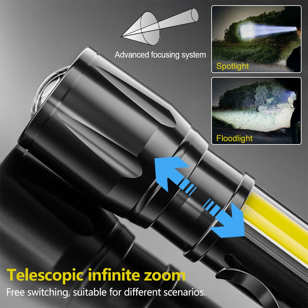 2pcs Mini LED Flashlight COB Side Light Zoomable USB Rechargeable Portable Torch
