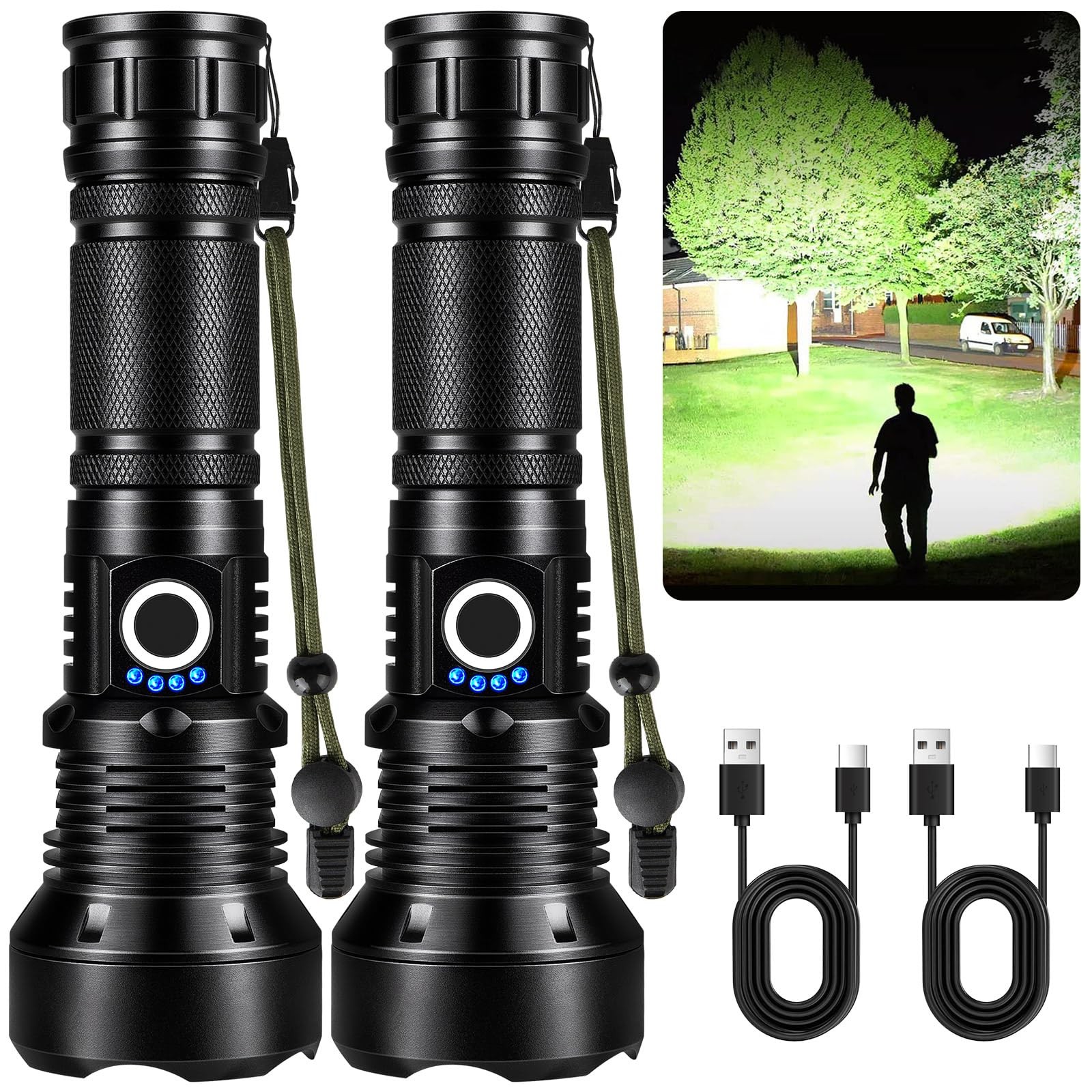 Rechargeable Flashlight 2 Pack, 90000 Lumens LED, 5 Modes, Waterproof