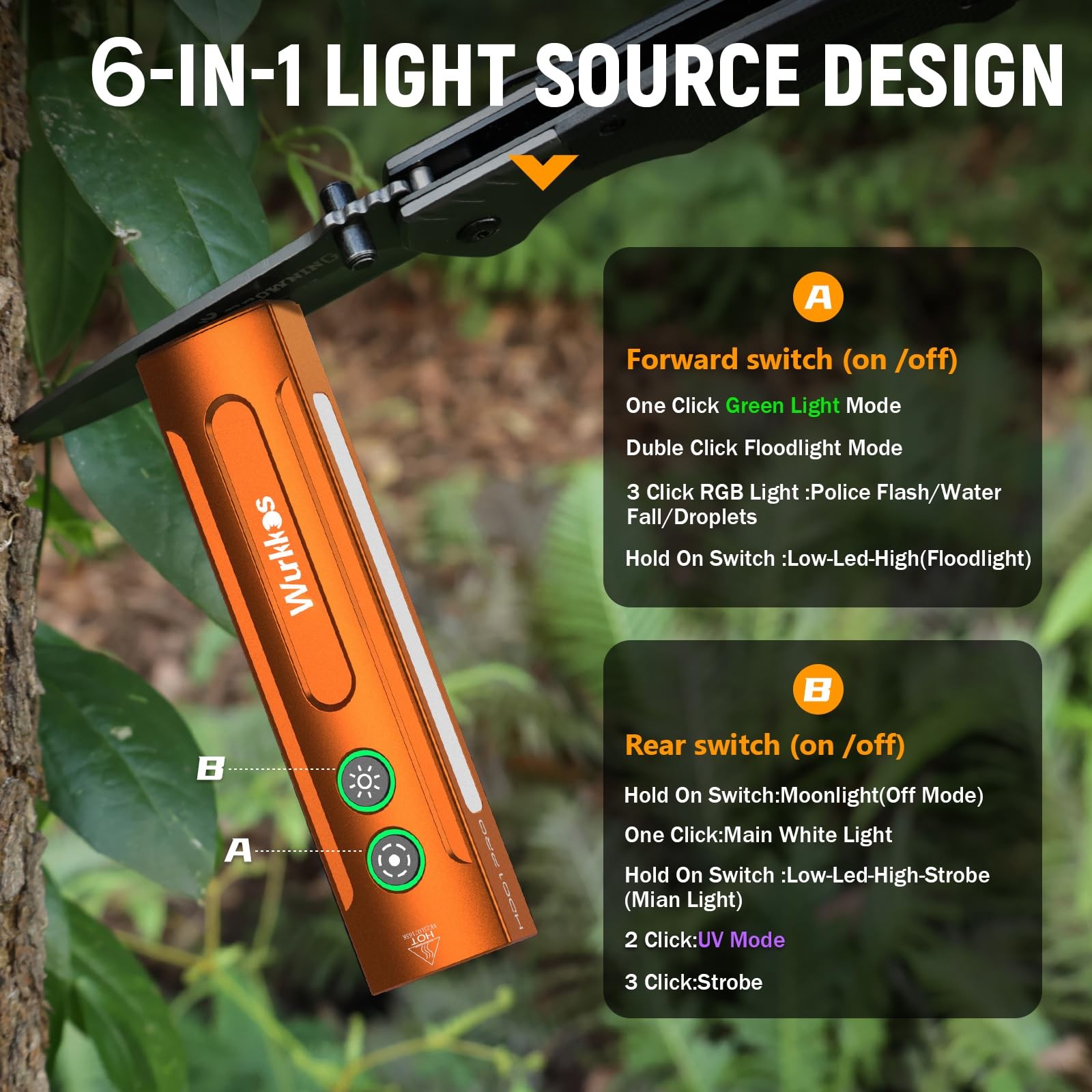 Wurkkos HD01PRO UV & White LED Rechargeable EDC Flashlight, Orange