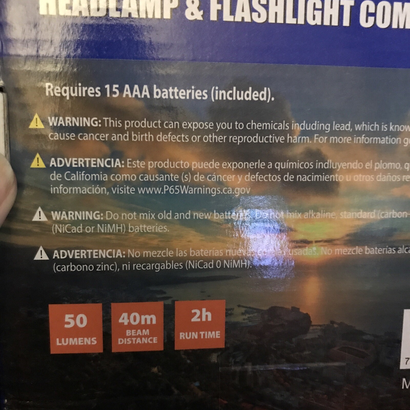 5-piece LED Headlamp & Flashlight Combo, 50 Lumens, 40m beam distance, 2h time