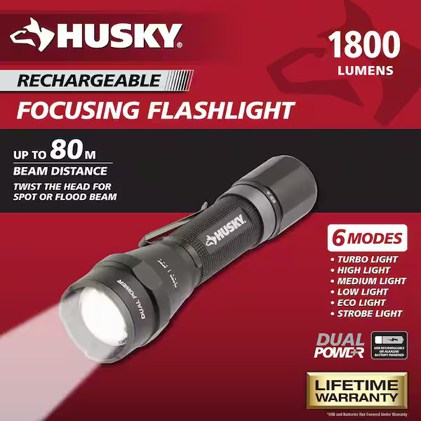 Husky 1800 Lumens Dual Power LED Rechargeable Lithium Ion Focusing Flashlight