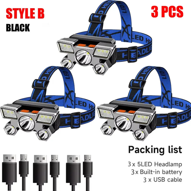 5 LED Flashlight Rechargeable with Built in Lithium Battery Strong Head Light Ca