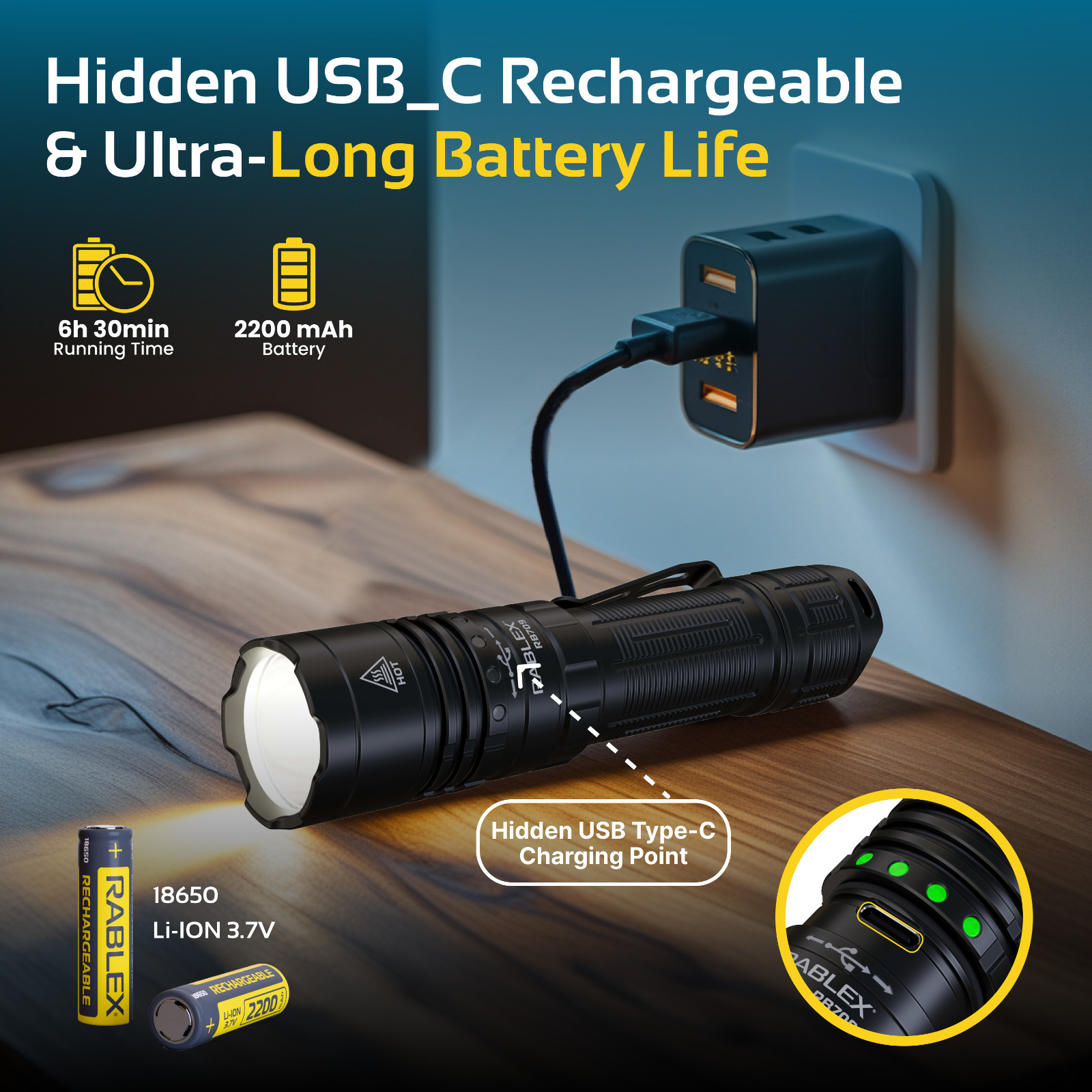 LED Flashlight Aluminum 1500 Lumens USB-C Rechargeable IP66 Waterproof RABLEX
