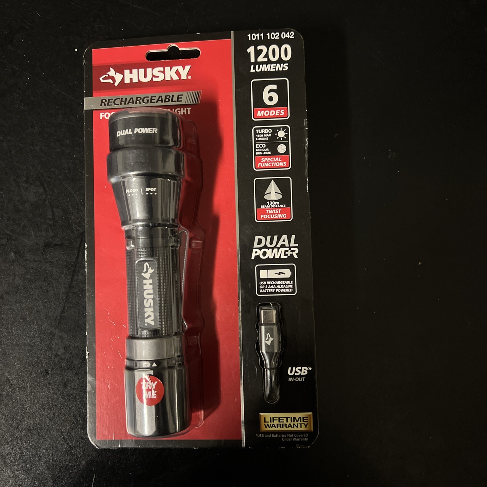 HUSKY Rechargeable Focusing Flashlight, 1200 Lumens, 6 Modes 1011 102 042 Dual💪