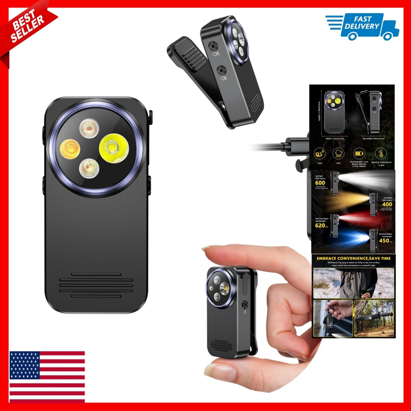 YOZYU Clip-on Flashlight 600 Lumens Waterproof LED Rechargeable
