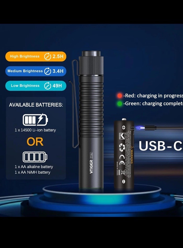 VTiGER T1A Compact EDC Flashlight w/ USB-C Rechargeable + Clip & Magnetic Base