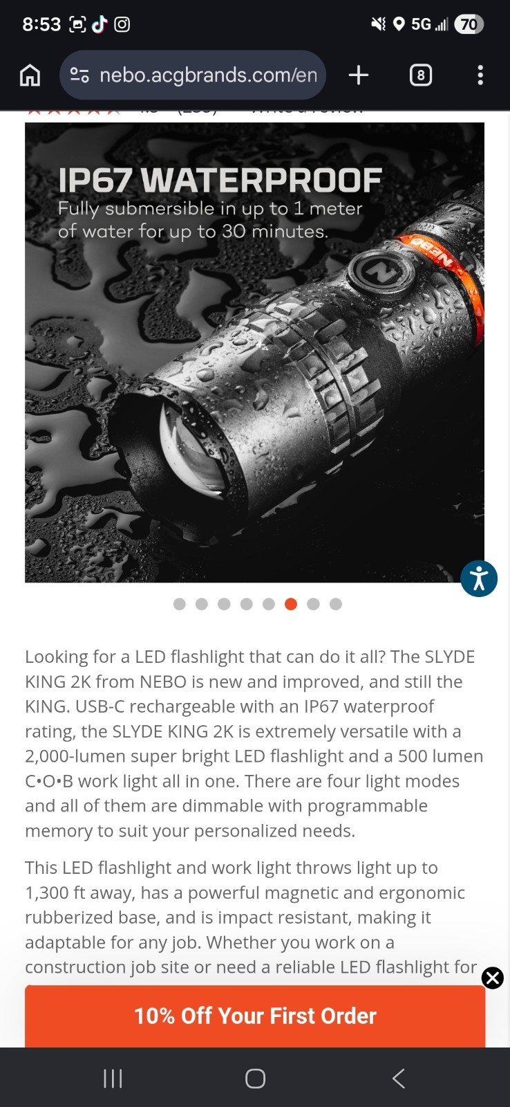 NEBO Slyde King 2K 2000 Lumen Flashlight 500 Lumen Worklight 2-In-1 Rechargeable