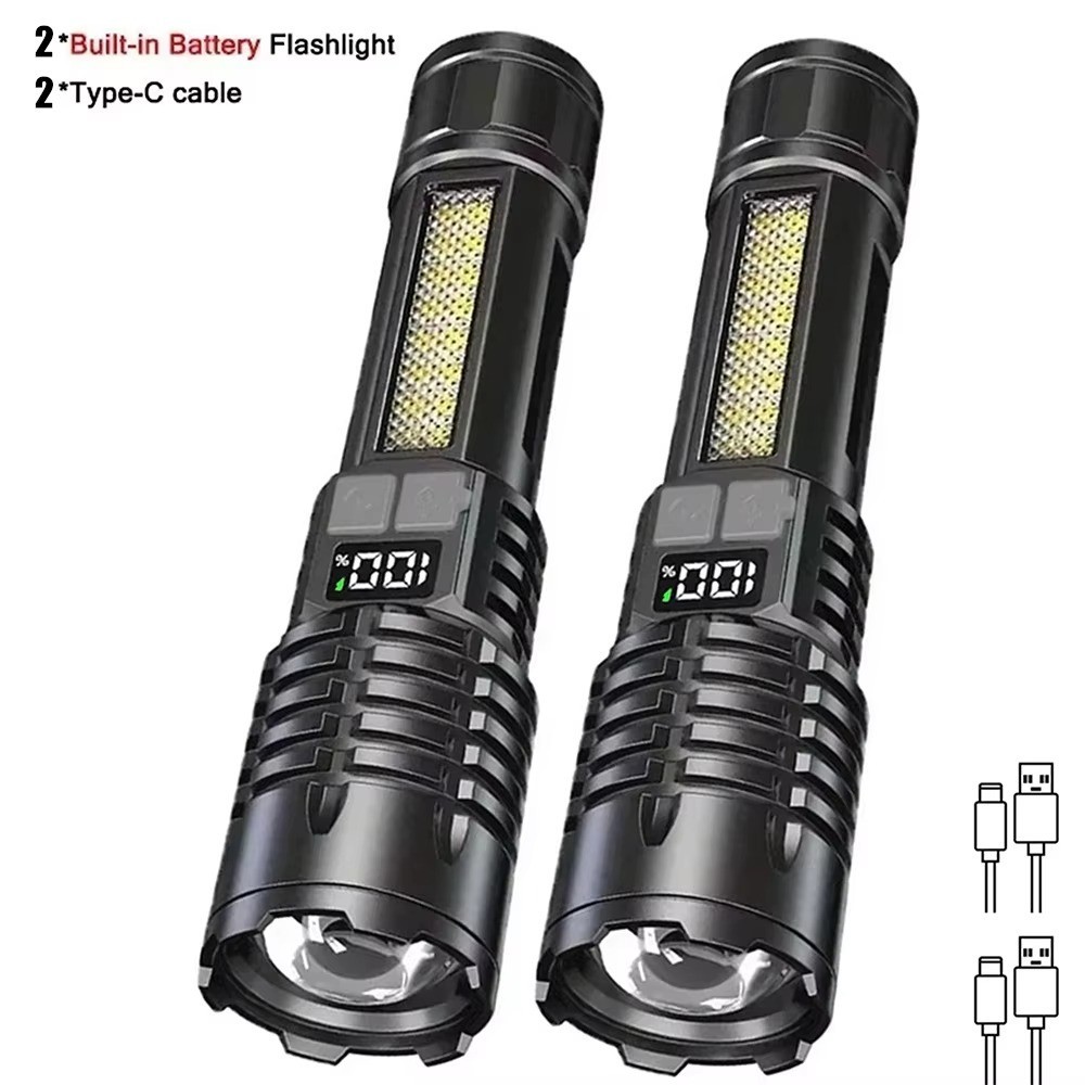 LED Flashlight Type-C Rechargeable Waterproof Torch with COB Side Light Zoom