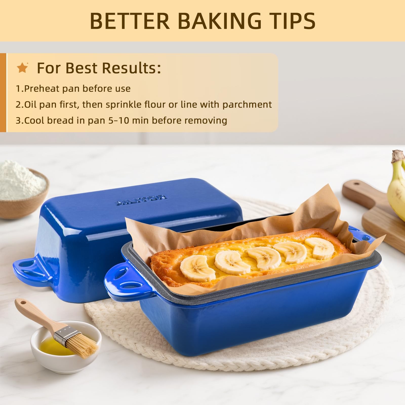 AILITOR 9×5 Enameled Cast Iron Loaf Pan with Lid – 2 in 1 Inch, Blue