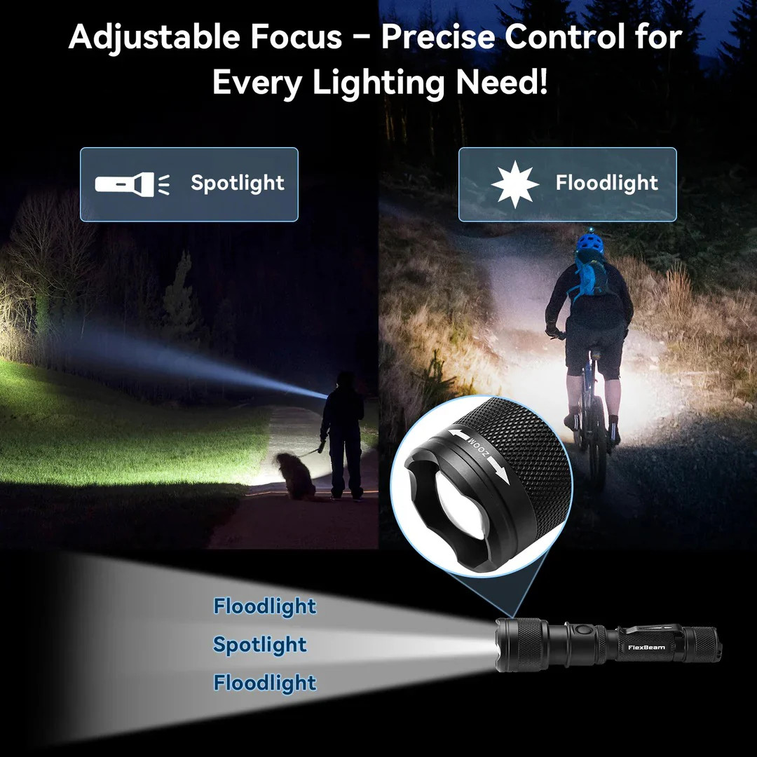 PowerTac FlexBeam 1200 Lumen Adjustable Beam Rechargeable Flashlight EDC Gear