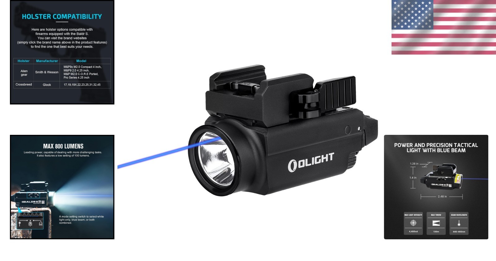 Lightweight Baldr S 800 Lumens Tactical Light: Rechargeable Blue & White LEDs