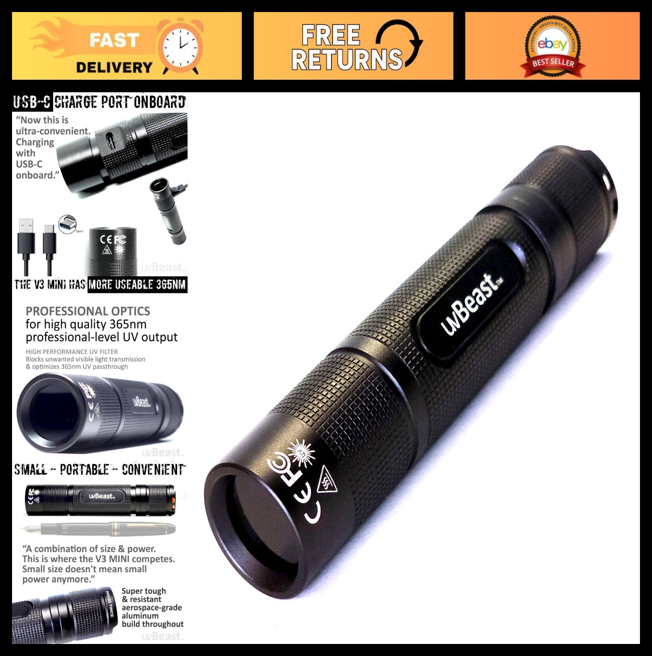 High Power 365nm Mini UV Flashlight – Professional Grade Black Light LED – USA S