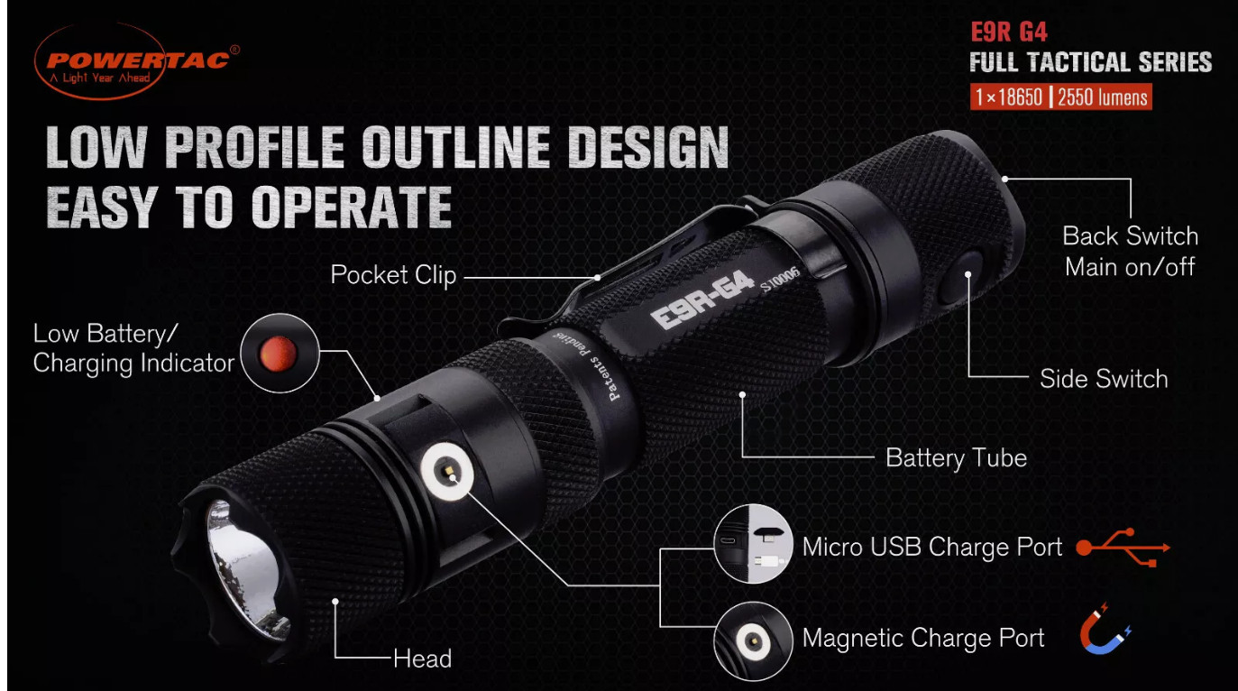 PowerTac E9R Gen 4 Rechargeable Tactical Flashlight 2550 Lumens