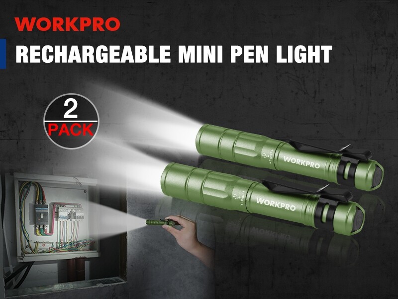 WORKPRO 2PCS Rechargeable LED Pen Light Ultra-Compact Flashlight Mini Flashlight