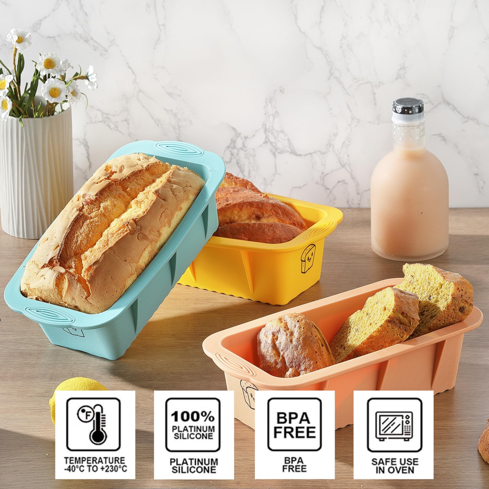 DAJLFA Silicone Bread Loaf Pan, 3 PCS 9.8*4.8, Orange Pink + Yellow + Blue