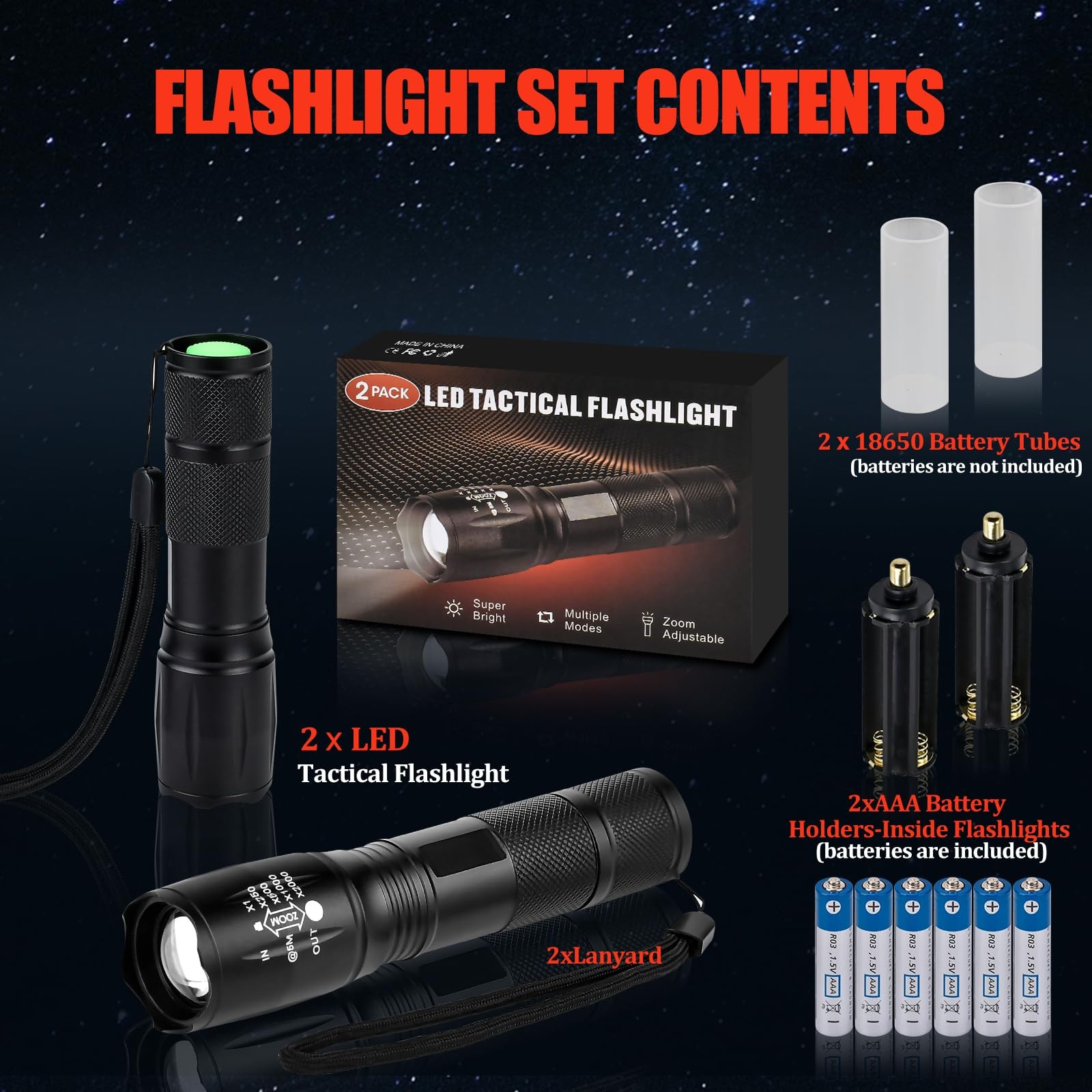 Zoomable LED Flashlight 5 Modes Small Black Camping Emergency Torch Light