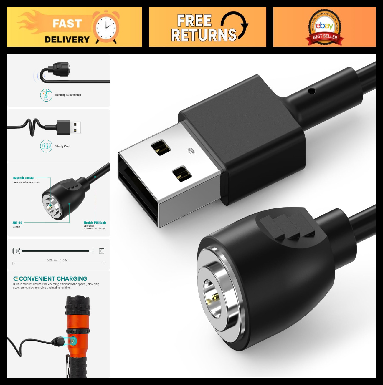 Magnetic Charger Cable MagDock for NEBO Master Series & PowerTac M-Series – 1M,