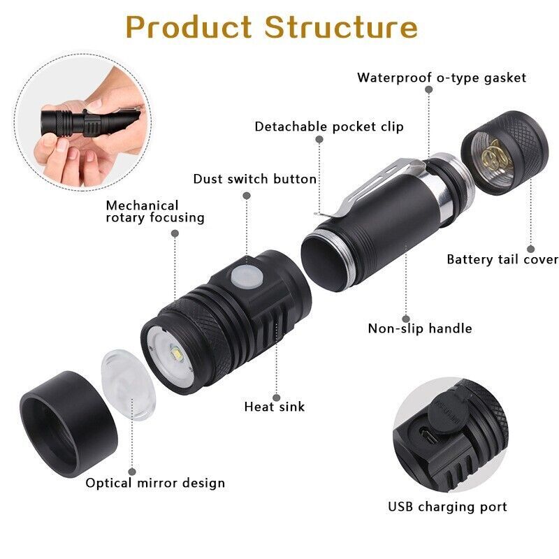 Mini LED Tactical Flashlight Super Bright Zoomable Hand Lamp Rechargeable 2pcs