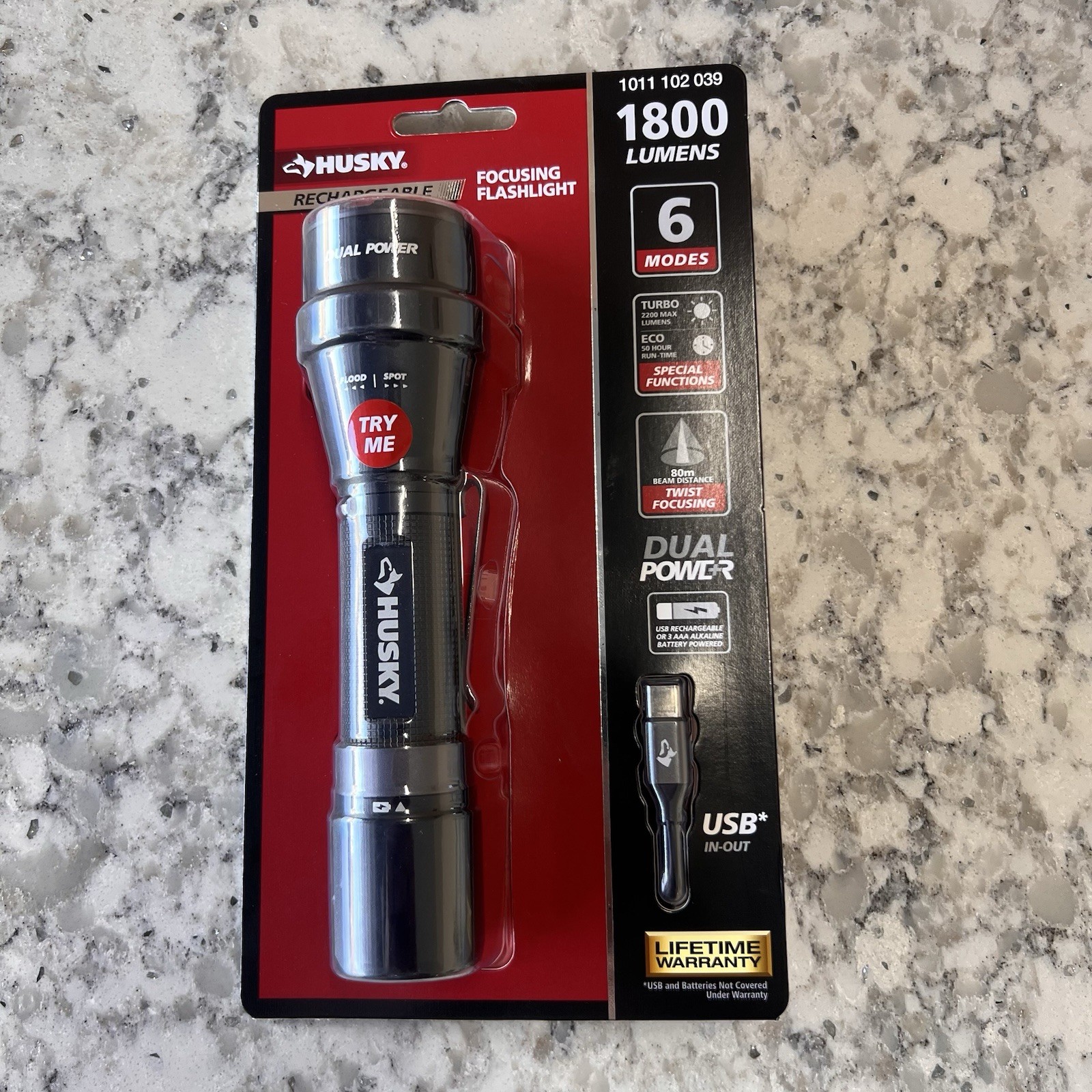 Husky 1800 Lumens Dual Power LED Rechargeable Tactical Focusing Flashlight